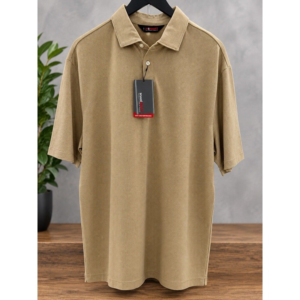 TravelSmart Mens LT Short Sleeve Polo New With Tags Tan Cream Grid Pattern